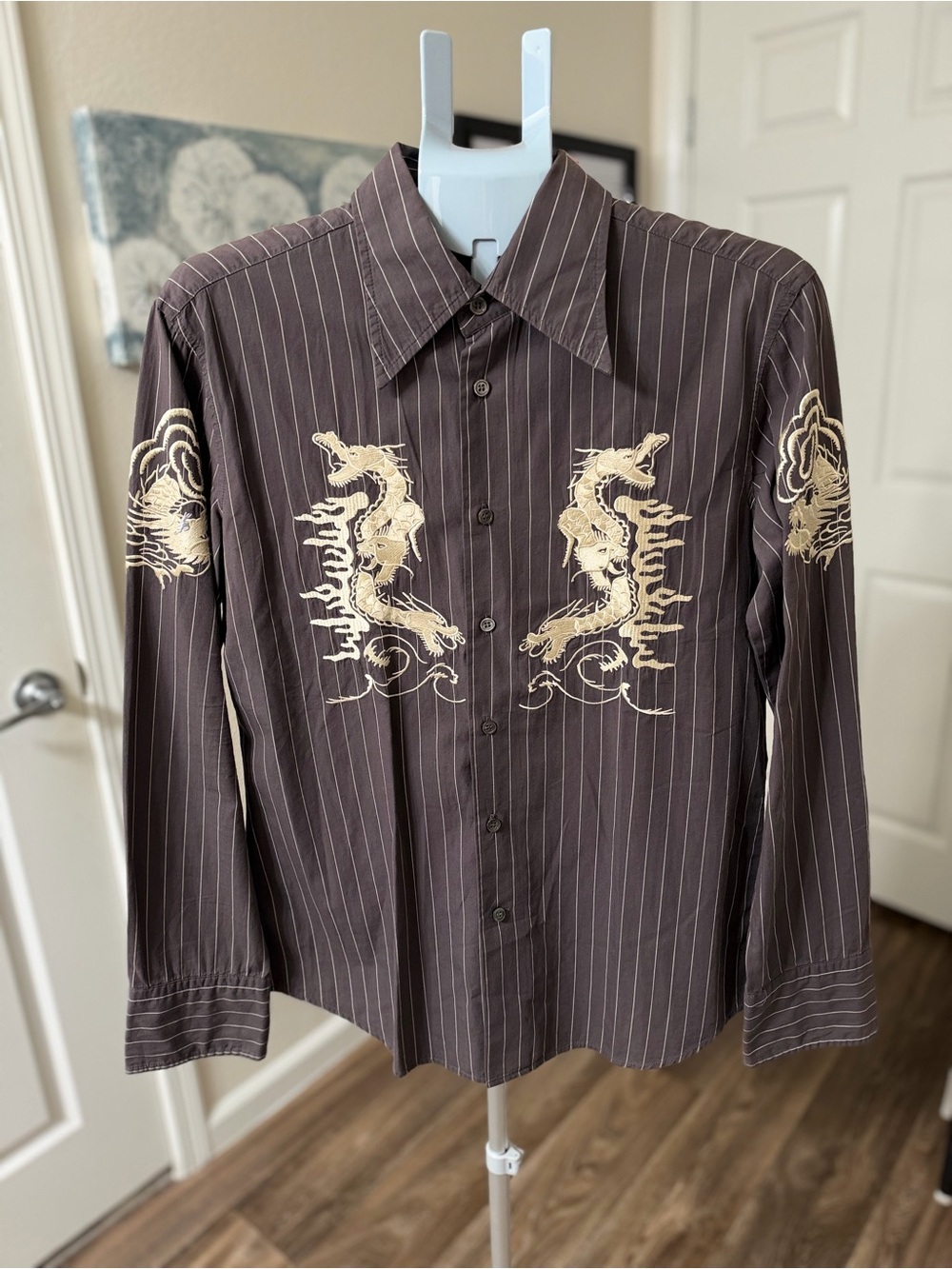 Vintage Y2K Replay Shirt mens M 2000s Dragon Embroidered Pinstripe made in Italy